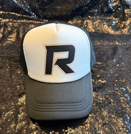 Black and white trucker hat with Black R
