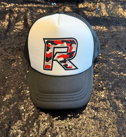 Black and white trucker hat with Camo R