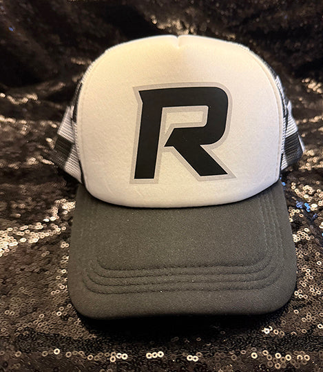 Black and white checkered trucker hat with Black R