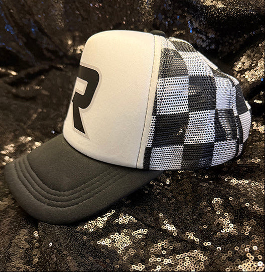 Black and white checkered trucker hat with Black R