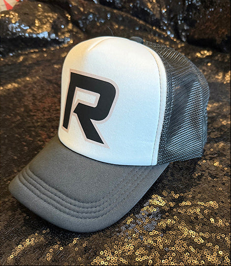 Black and white trucker hat with Black R