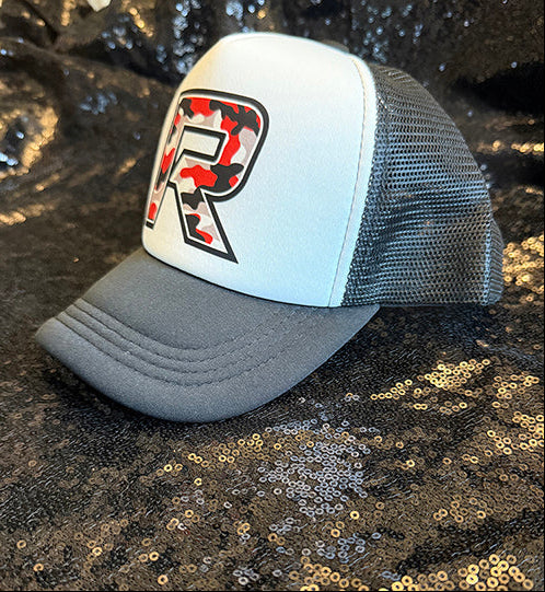 Black and white trucker hat with Camo R