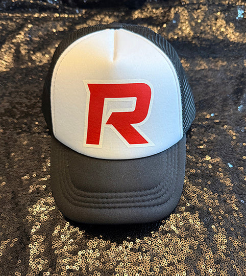 Black and white trucker hat with Red R