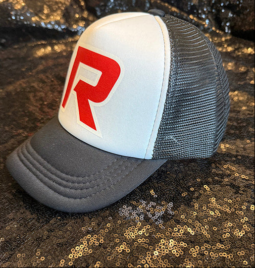 Black and white trucker hat with Red R